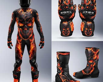 Fire Burning Skull Leather Motorcycle Racing Suit Kit: Gloves & Boots