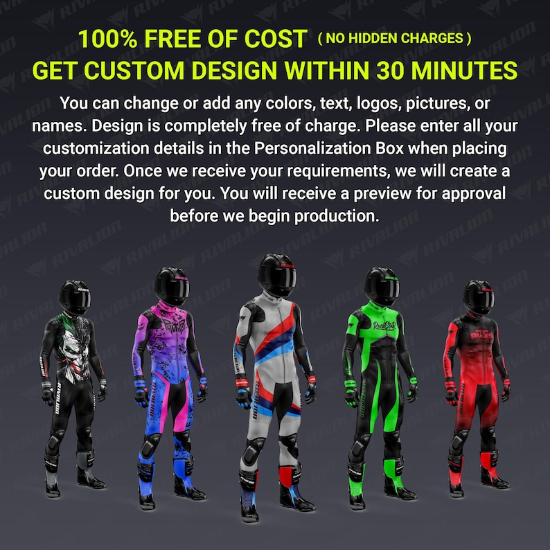 May include: Five motorcycle racing suits in various colors: black with white accents, purple and blue, white with red and blue stripes, green with black, and red. The suits have matching helmets and protective gear. Text on the image reads "100% FREE OF COST" and "GET CUSTOM DESIGN WITHIN 30 MINUTES."