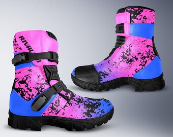 Pink and Blue Leather Motorcycle Race Boots, Safety Armor, Custom Fit