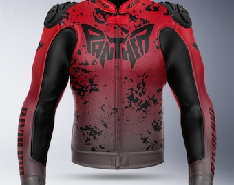 Blouson moto de course en cuir rouge et noir : protections amovibles
