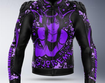 Purple Angel Girl Leather Motorcycle Racing Jacket: Removable Protection
