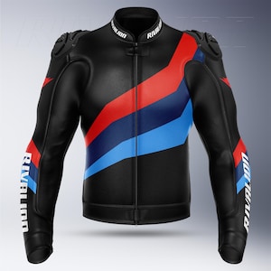 May include: Black leather motorcycle jacket with red and blue stripes. The jacket features a stand-up collar and the word "RIVALION" in white on the sleeves and collar. A stylish piece of protective gear.