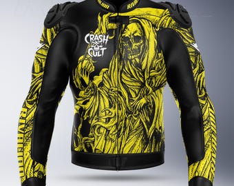 Crash Cult Skull Yellow Motorcycle Racing Leather Jacket with Removable Protection