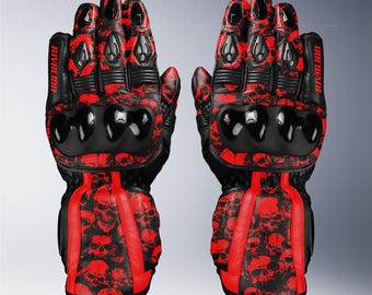 Red Skull Leather Motorcycle Racing Gloves with Safety Armor, Custom Design