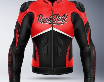 Blouson moto de course en cuir Honda Rockstar rouge : protection amovible