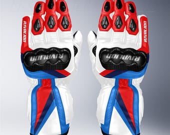 White BMW Motorcycle Racing Leather Gloves, Safety Armored, Custom Fit