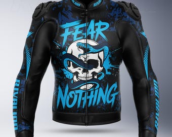 Fear is Nothing Motorcycle Racing Leather Jacket,Removable Protection, Custom Design