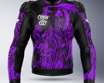 Crash Cult Skull Purple Motorcycle Racing Leather Jacket with Removable Protection