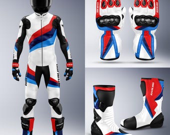 Custom Fit BMW White Leather Motorcycle Racing Suit, Gloves, Boots Set