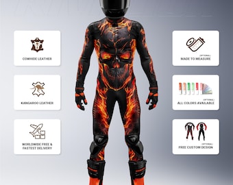 Fire Burning Skull Leather Motorcycle Racing Suit, Cowhide or Kangaroo, Custom Fit