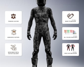 Camo Black and Gray Motorcycle Racing Suit Cowhide and Kangaroo Leather, Custom Design