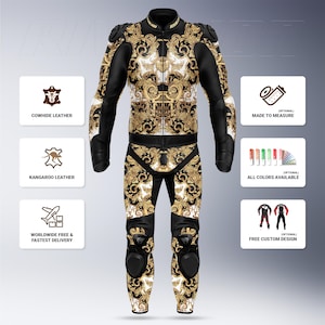 May include: A black and gold motorcycle racing suit with a baroque pattern. The suit features black leather accents and protective padding on the shoulders and knees. The suit is made of cowhide or kangaroo leather.