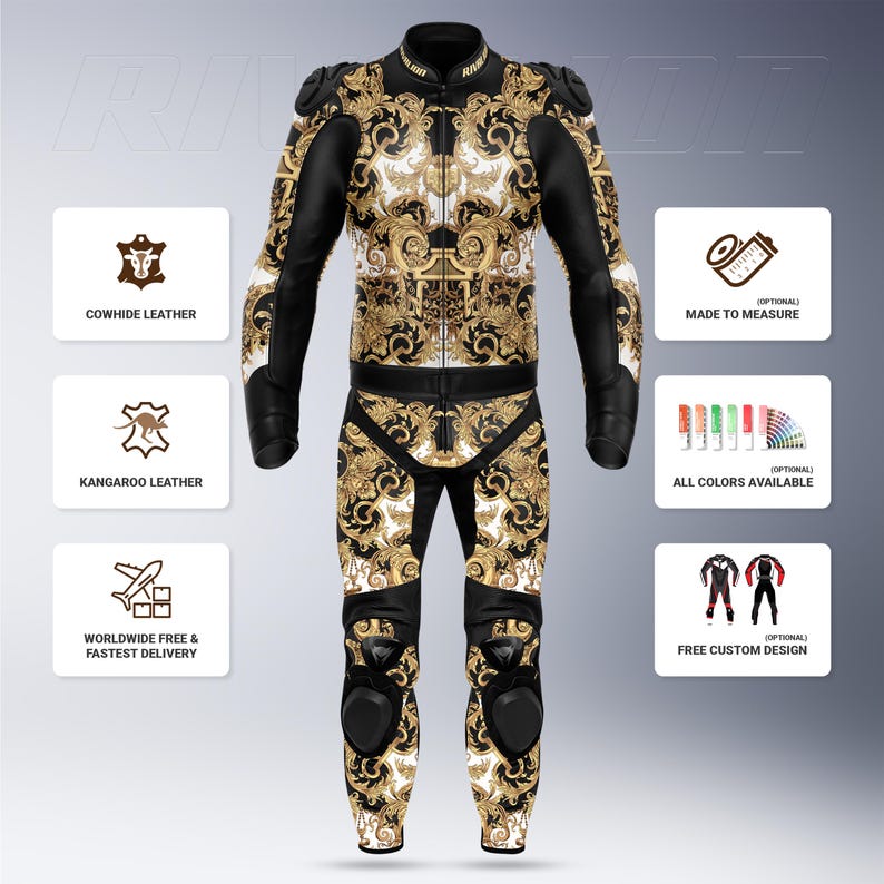 May include: A black and gold motorcycle racing suit with a baroque pattern. The suit features black leather accents and protective padding on the shoulders and knees. The suit is made of cowhide or kangaroo leather.