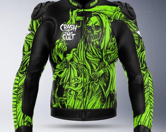 Crash Cult Skull Green Motorcycle Racing Leather Jacket with Removable Protection