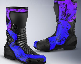 Panther Blue and Purple Leather Motorcycle Race Boots, Safety Armor