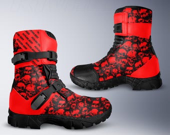 Skull Red Leather Motorcycle Race Boots, Safety Armor, Custom Fit
