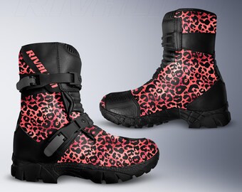 Leopard Leather Motorcycle Race Boots, Safety Armor, Custom Fit