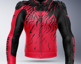 Blouson de course moto en cuir rouge : cuir de vachette avec protections amovibles