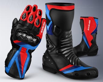 BMW Black M1000RR Leather Motorcycle Racing Gloves and Boots - Custom Design