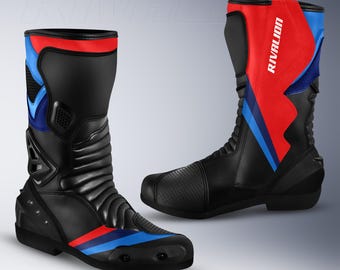 BMW Black M1000RR Leather Motorcycle Racing Boots, Custom Design, Safety Armor