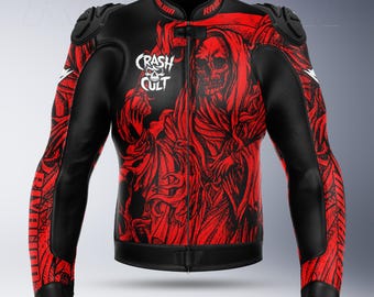 Crash Cult Skull Red Motorcycle Racing Leather Jacket with Removable Protection