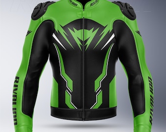 Joker Kawasaki Green Motorcycle Leather Racing Jacket: Removable Protection