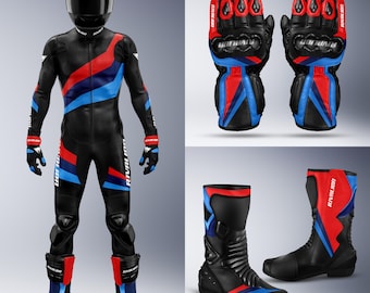 Custom Fit BMW Black Leather Motorcycle Racing Suit, Gloves, Boots Set