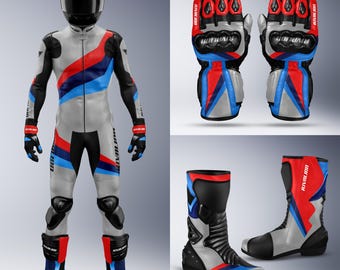 Custom Fit BMW Gray Leather Motorcycle Racing Suit, Gloves, Boots Set