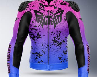 Blouson moto racing en cuir rose panthère et bleu : protection amovible