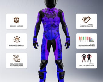 Panther Blue and Purple Leather Motorcycle Racing Suit, Cowhide or Kangaroo, Custom Fit