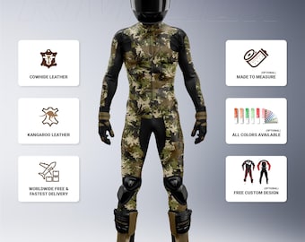 Camo Motorcycle Leather Racing Suit, Cowhide and Kangaroo Leather, Custom Design