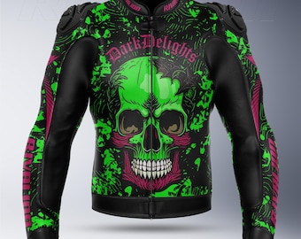 Dark Delights Skull Green Motorcycle Racing Leather Jacket: Removable Protection