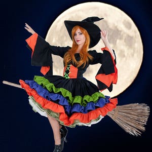 Halloween Witch Costume Ruffles Flared Sleeves Womens Adults Custom Size Including Plus High Quality Unique Black Orange Green