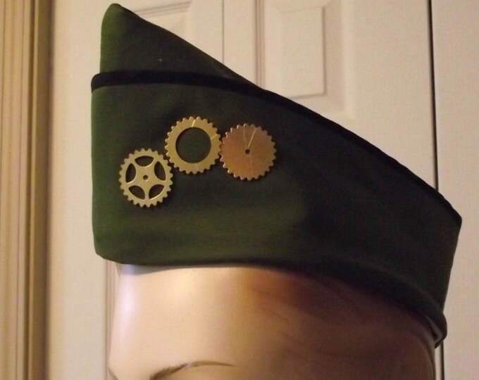 Steampunk Military Hat With Gears Steam Punk Hat Army Green Vintage