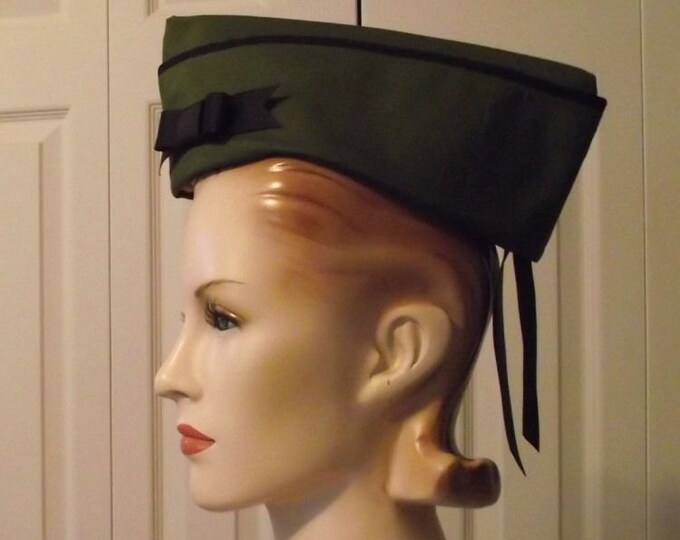Military Hat With Bow Army Green Vintage Style WWII Flight Cap Garrison
