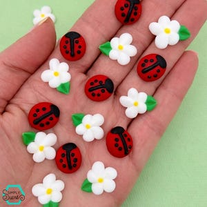 18 adornos para cupcakes con glaseado de mariquitas y flores, mariquitas comestibles, decoraciones para fiestas de mariquitas