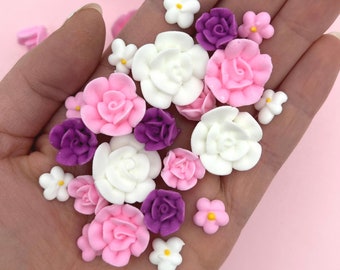 30  Fuchsia Rose Icing Flowers  - Royal Icing Flowers - Cake Toppers - Pink Flowers - Sprinkles - Sugar Flowers - Fuchsia - Edible - White