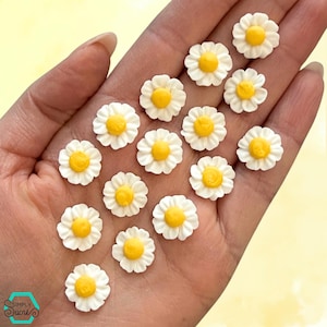 Puede incluir: Una colección de pequeños adornos blancos con forma de margarita y centros amarillos. Las margaritas están dispuestas sobre una superficie clara, mostrando sus delicados detalles. La imagen está bien iluminada, resaltando los colores brillantes y el intrincado diseño de cada flor.