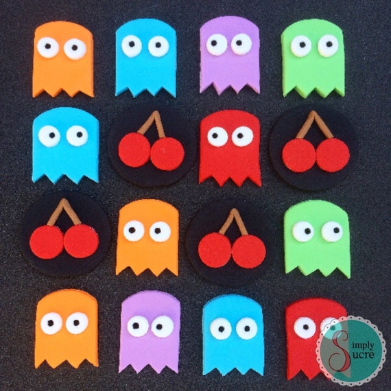 12 Pacman Cherries And Ghosts Fondant Cupcake Toppers Pacman Etsy