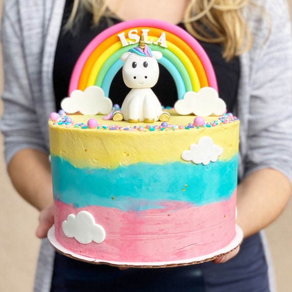 Both Baby Unicorn Rainbow Cake Topper Pastel Birthday Party Decoration Fondant