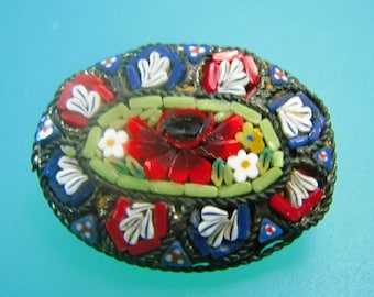 Venetian Mini Mosaic Memorial Poppy Brooch Pin - Vintage Italy vc043