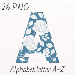 Alfabeto floral PNG A-Z / Letras de rosa blanca sobre azul bígaro / Letras digitales elegantes para sublimación, pegatinas y monogramas