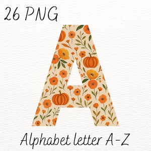 Peut inclure: La lettre "A" de l'alphabet, ornée de citrouilles et de fleurs orange sur un fond crème. L'image comprend le texte "26 PNG" et "Alphabet letter A-Z".