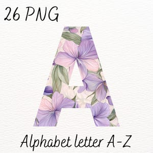 Alfabeto floral morado en acuarela PNG / Letras de la A a la Z con flores pastel / Descarga digital para manualidades, invitaciones y arte mural