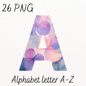 Alfabeto floral de acuarela PNG / Letras de flores moradas A-Z / Clipart de monograma de boda / Alfabeto de scrapbooking / Descarga instantánea