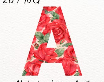 Valentine Floral Letters | Red Rose Alphabet A–Z PNG | Romantic Watercolor Typography (Digital Download)