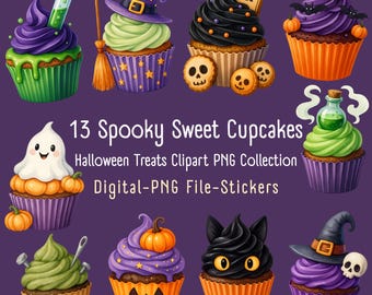 Halloween Cupcake Clipart PNG: Ghost, Pumpkin, Witch (Digital Download)