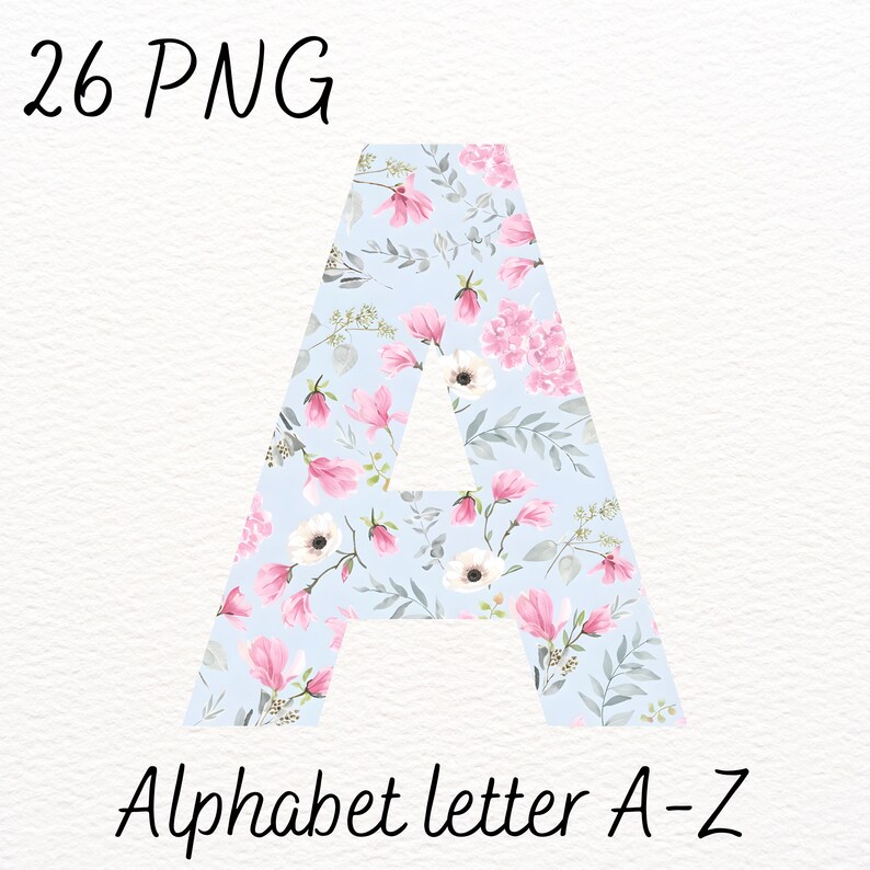 Pastel Blue Floral Alphabet A-Z PNG Watercolor Letters (digital ...