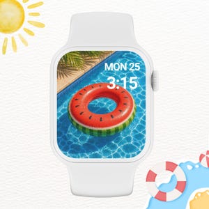 May include: A white smartwatch with a digital display showing a watermelon-patterned pool float in blue water. The screen displays the text MON 25 and 3:15. The watch features a smooth white silicone band and a side crown on the right edge of the case.