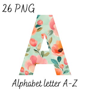 Alfabeto floral en acuarela PNG A-Z, letras de flores en tonos pastel, descarga digital, letras de sublimación, monograma PNG, fuente para bodas